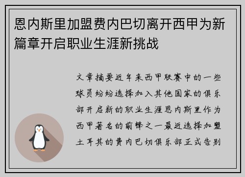 恩内斯里加盟费内巴切离开西甲为新篇章开启职业生涯新挑战